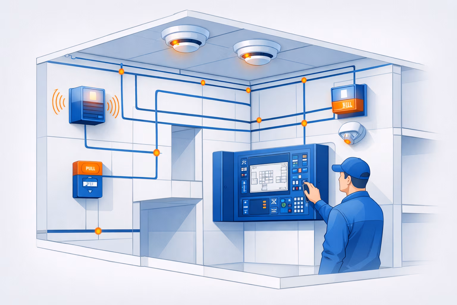 Изометрическая схема компонентов пожарной сигнализации с извещателями и панелью управления для обслуживания систем РК