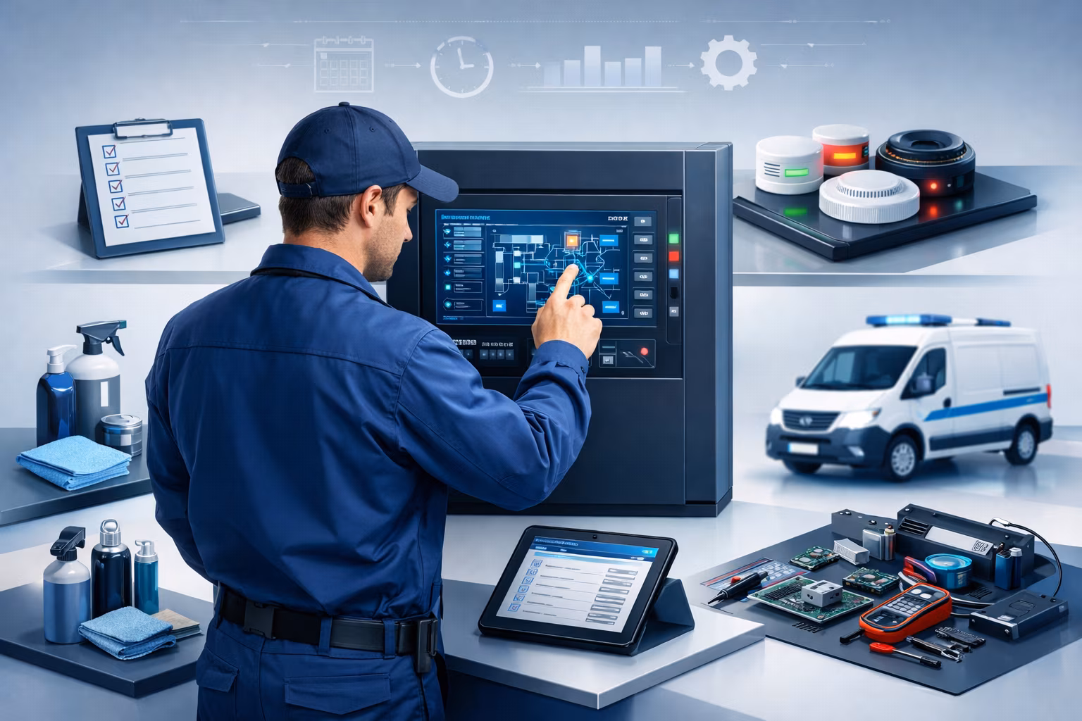 Техник проводит плановое обслуживание пожарной сигнализации по регламенту периодичности